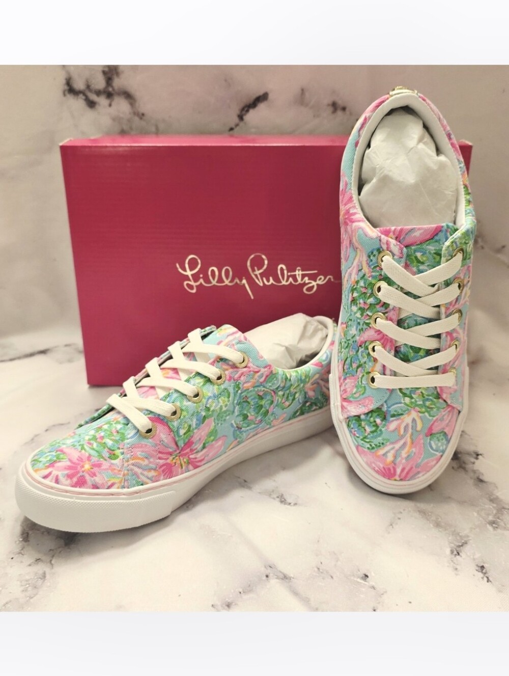 NIB Lilly Pulitzer Abigal Sneakers in Surf Blue So Shellegant Lace Up Gold Trim